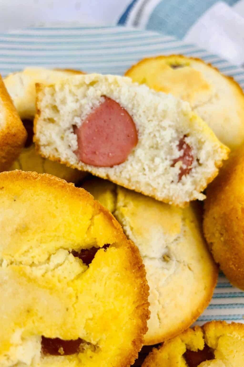 A corn dog split in half.