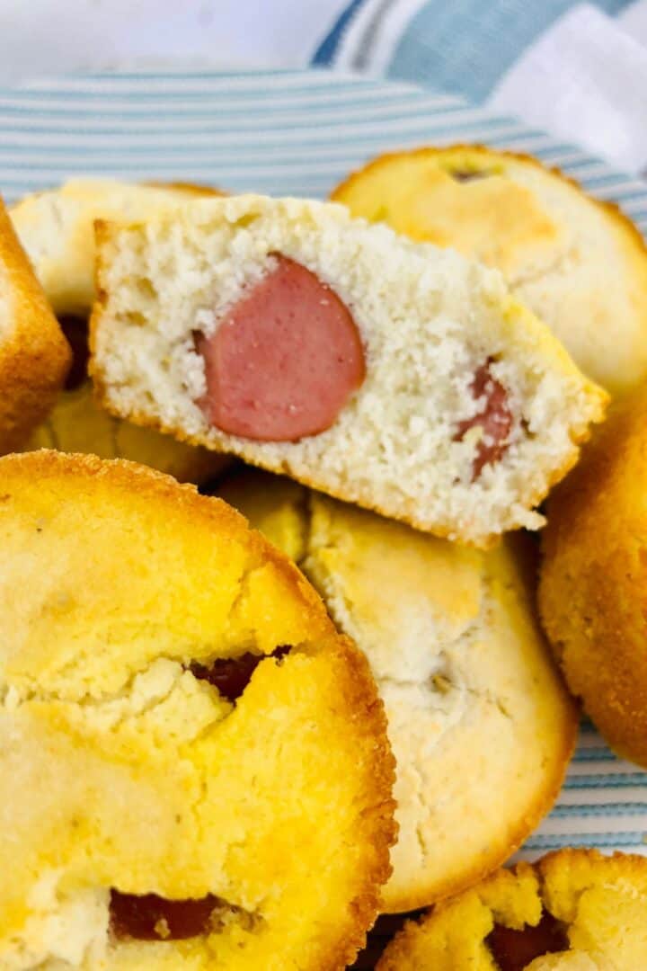 A corn dog split in half.