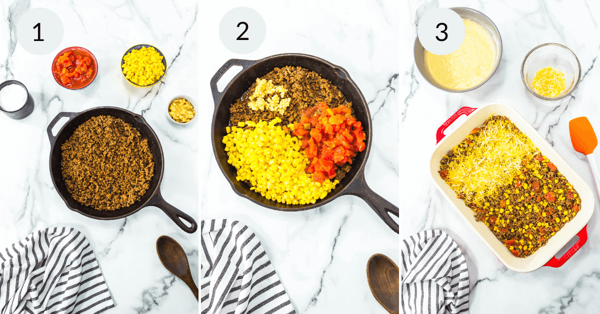 Three-step cooking process for a Cowboy Cornbread Casserole: ingredients displayed separately, mixed in a skillet, and the final dish in a baking pan, surrounded by utensils and ingredients.
