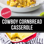A Cowboy Cornbread Casserole topped with sour cream served on a white plate, with more of the casserole visible in a red baking dish beside it.