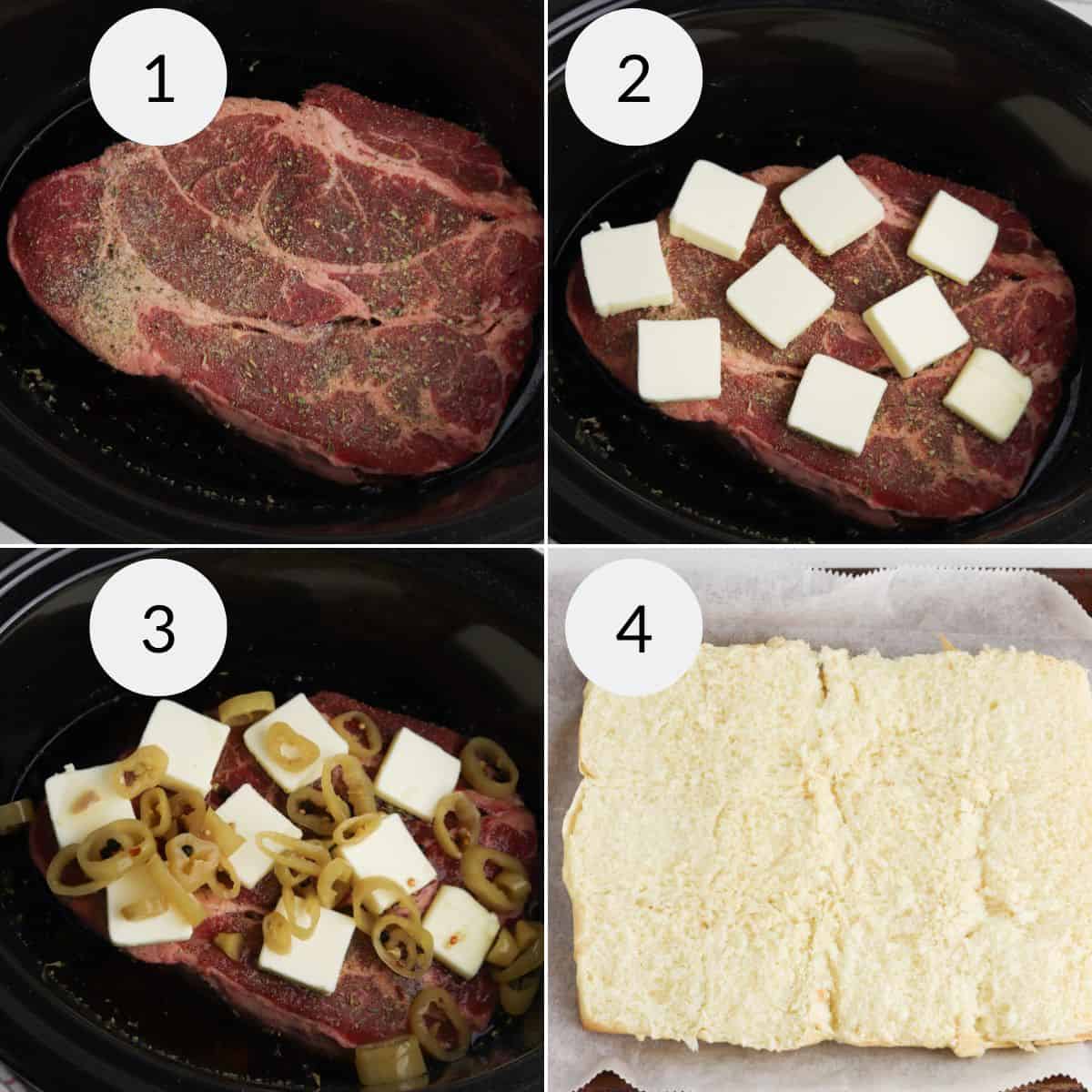Step-by-step images show a seasoned beef roast in a slow cooker, topped with butter slices and sliced peppers, then served on baked bread for delicious Beef Sliders.