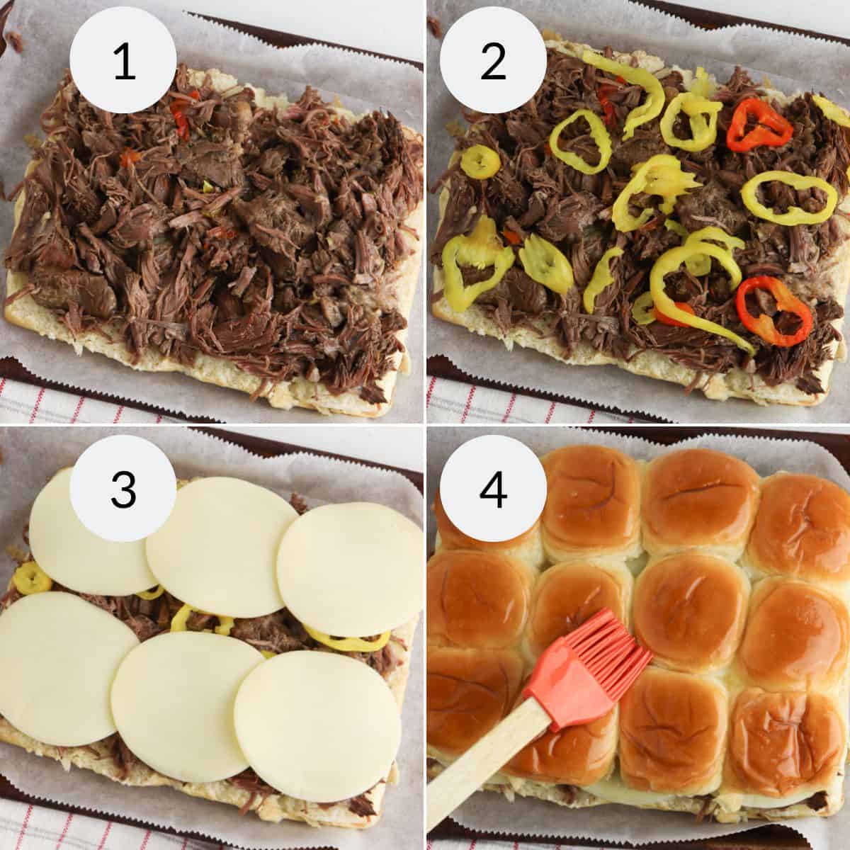Four-step collage showing Beef Sliders assembly: shredded beef on bread, layered with sliced peppers, topped with provolone cheese, then covered with slider buns being brushed with butter.