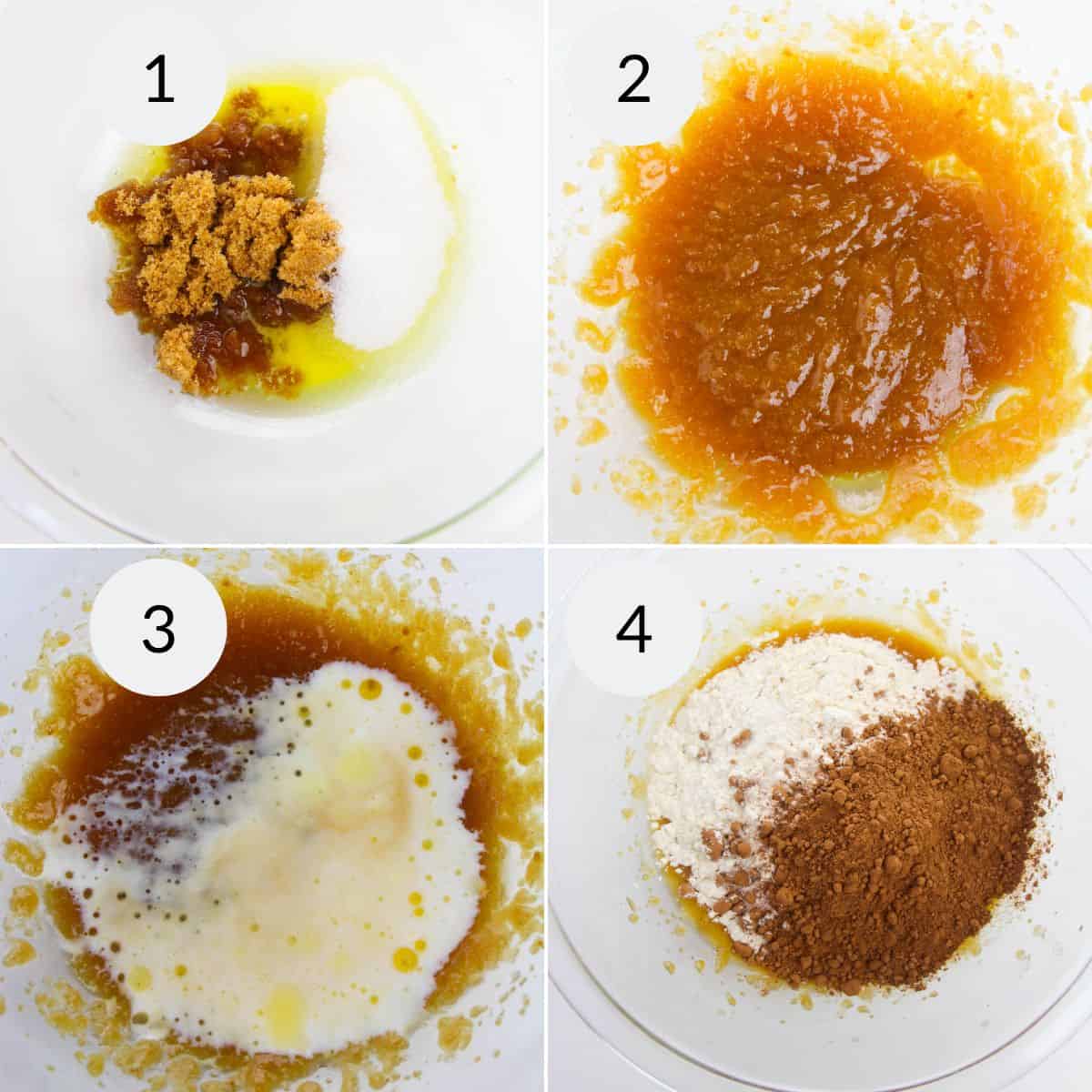 Four-step collage showing Edible Brownie Batter: 1) brown sugar, white sugar, and melted butter in a bowl, 2) mixture combined, 3) milk added, 4) flour and cocoa powder added to mixture.