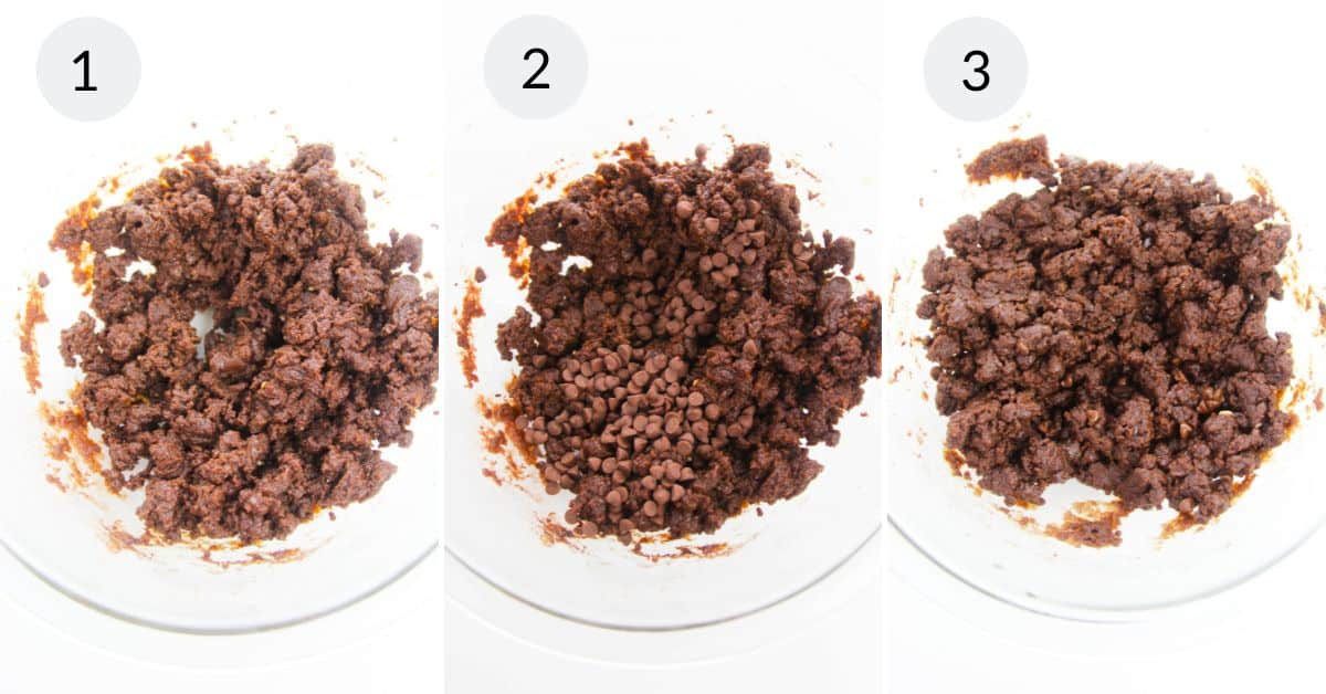 Three-step photo collage showing edible brownie batter in a bowl: plain in step 1, with chocolate chips added in step 2, and fully mixed in step 3.