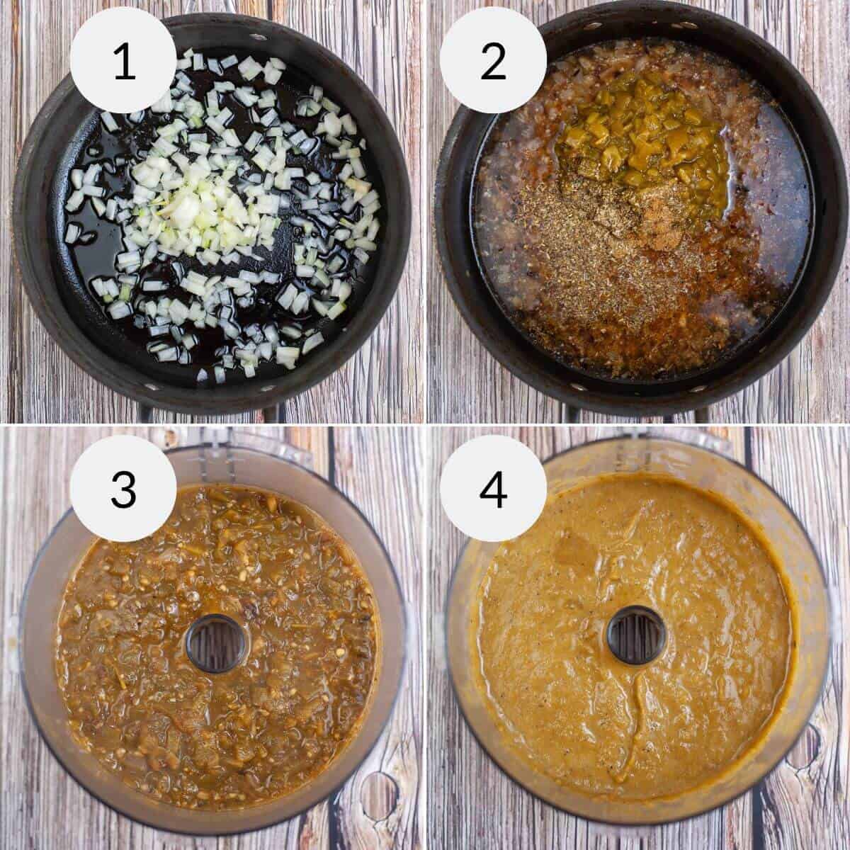 Four-step cooking process illustrated in bowls: 1) chopped onions and green chilies in oil, 2) onions and chilies combined with seasoning, 3) mixture blended, 4)