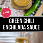 A jar of Green Chili Enchilada Sauce with fresh green chilis around it, labeled "easy" on a rustic wooden background.