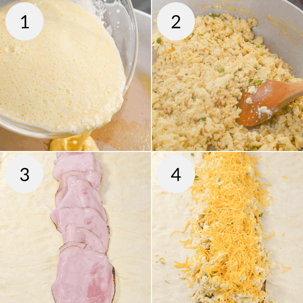 Rolling out the ham and cheese mixture.