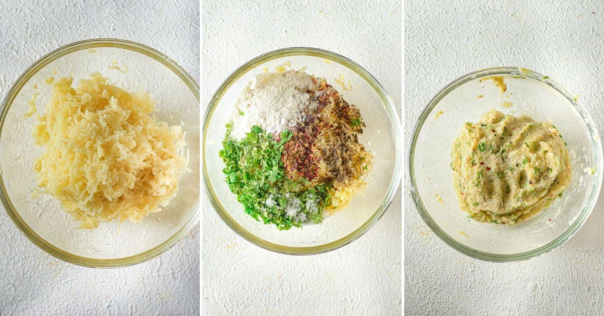 Three glass bowls: first with grated potatoes, second with added flour, herbs, and spices, third with completed homemade tater tots mixture, all on a light surface.
