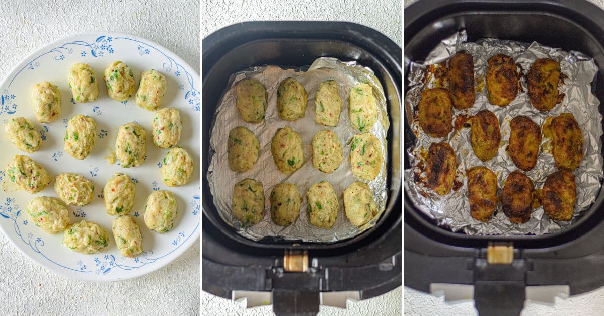 Three stages of cooking: uncooked Homemade Tater Tots shaped as oval patties on a plate, patties placed in an air fryer with foil, and cooked golden-brown Homemade Tater Tots in the air fryer.
