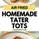A plate of crispy Homemade Tater Tots cooked in an air fryer, with one tater tot held up close. Text on image reads: "Air Fried Homemade Tater Tots.