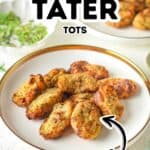 A plate of crispy Homemade Tater Tots sits on a white surface, paired with a bowl of sauce and fresh herbs. Text on the image reads "Homemade Tater Tots Air Fried.