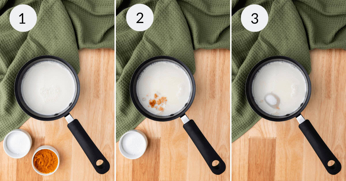 Three-step process of making golden milk in a saucepan. Steps 1 to 3 show milk with added turmeric, a small pot of turmeric, a bowl of sugar—all on a wooden surface with a green cloth in the background, bringing autumnal vibes akin to an Iced Pumpkin Spice Latte.