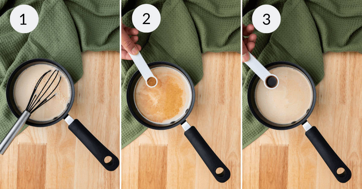 Three-step sequence for adding spices to a pan. Step 1: Whisking ingredients. Step 2: Adding a teaspoon of spice, just like you would for an iced pumpkin spice latte. Step 3: Stirring mixture with a whisk. Green towel and wooden surface in the background.