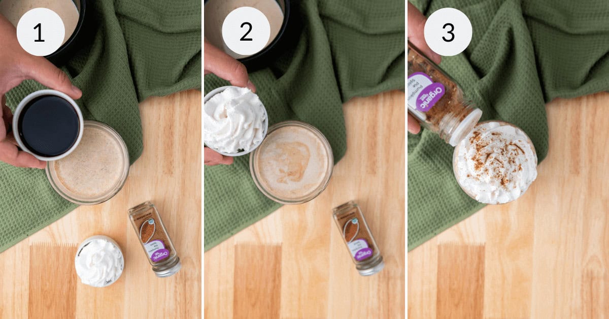 Three steps of making an Iced Pumpkin Spice Latte: adding coffee (1), topping with whipped cream (2), and sprinkling cinnamon (3). A green cloth and wooden surface are in the background.