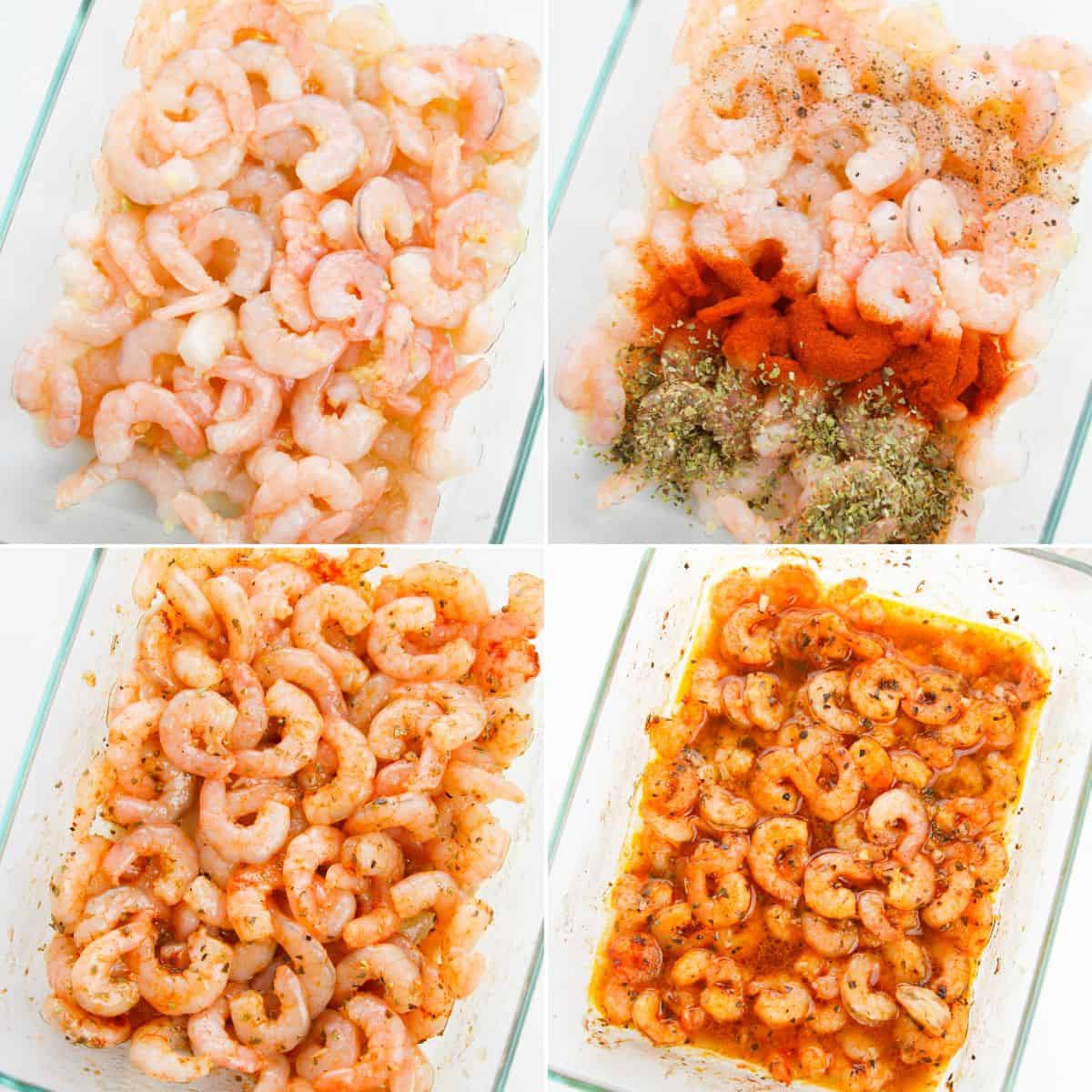 Four images show steps for preparing roasted shrimp in a glass dish: raw shrimp, shrimp with spices added, mixed well, and finally baked with sauce.