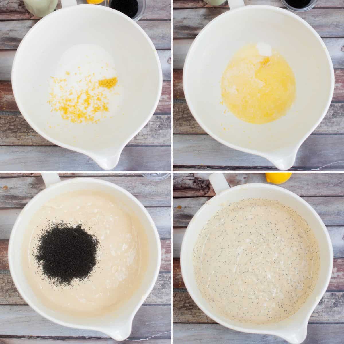 Four-step collage showing batter come together: sugar and lemon zest in a white bowl, melted butter added, batter mixed, and finally poppy seeds gently stirred into the mixture.