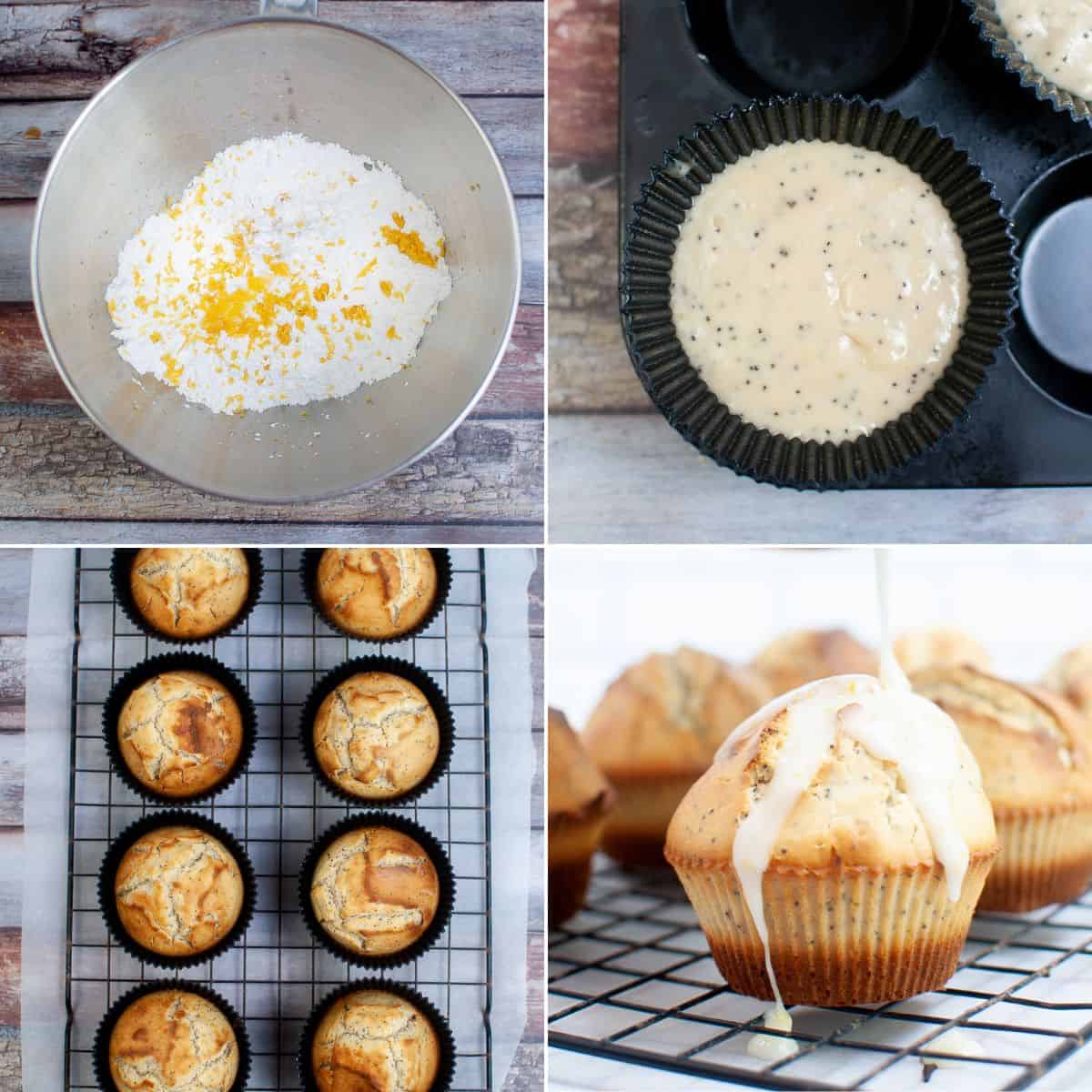 Four-step process of making Lemon Poppy Seed Cupcakes: mixing ingredients, filling a muffin tin, cooling cupcakes on a rack, and drizzling glaze over the finished treat.