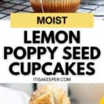 Close-up of Lemon Poppy Seed Cupcakes, some topped with icing, arranged on a cooling rack and in a tin, with text reading "Moist Lemon Poppy Seed Cupcakes.