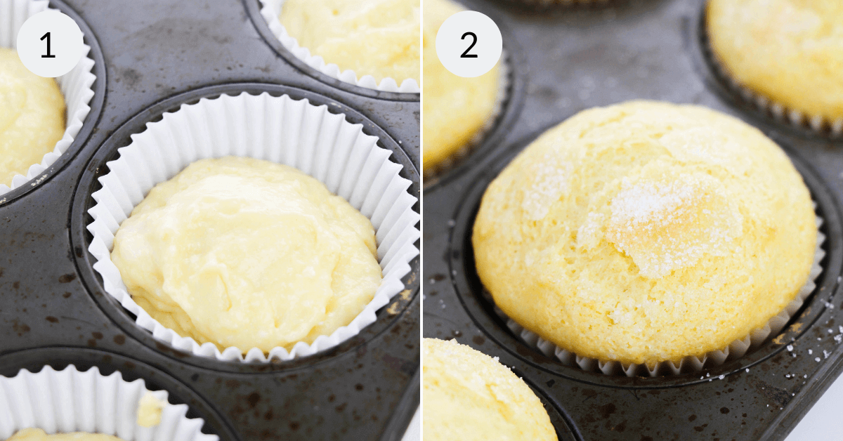 Filling the muffin liners with the lemon batter.