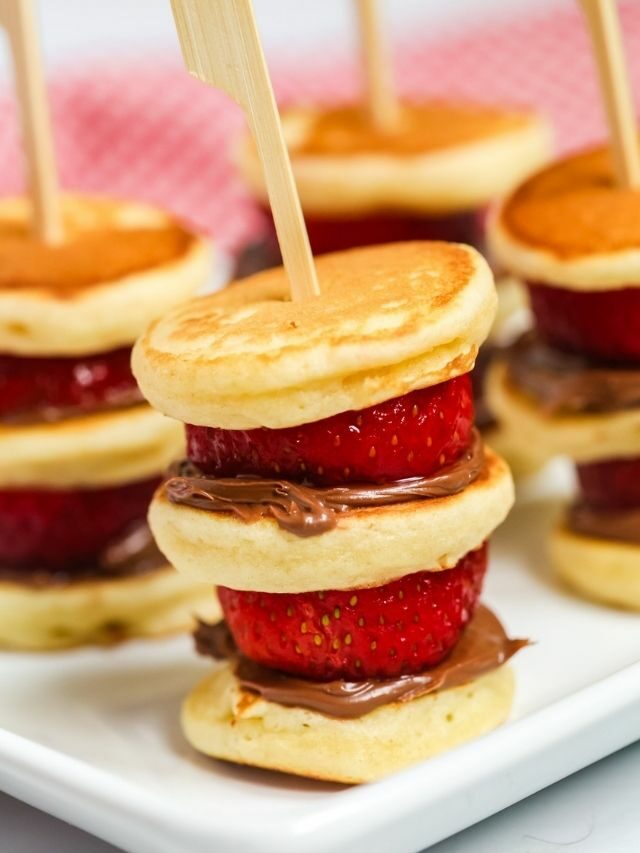 PANCAKES ON A STICK WITH STRAWBERRIES AND CHOCOLATE