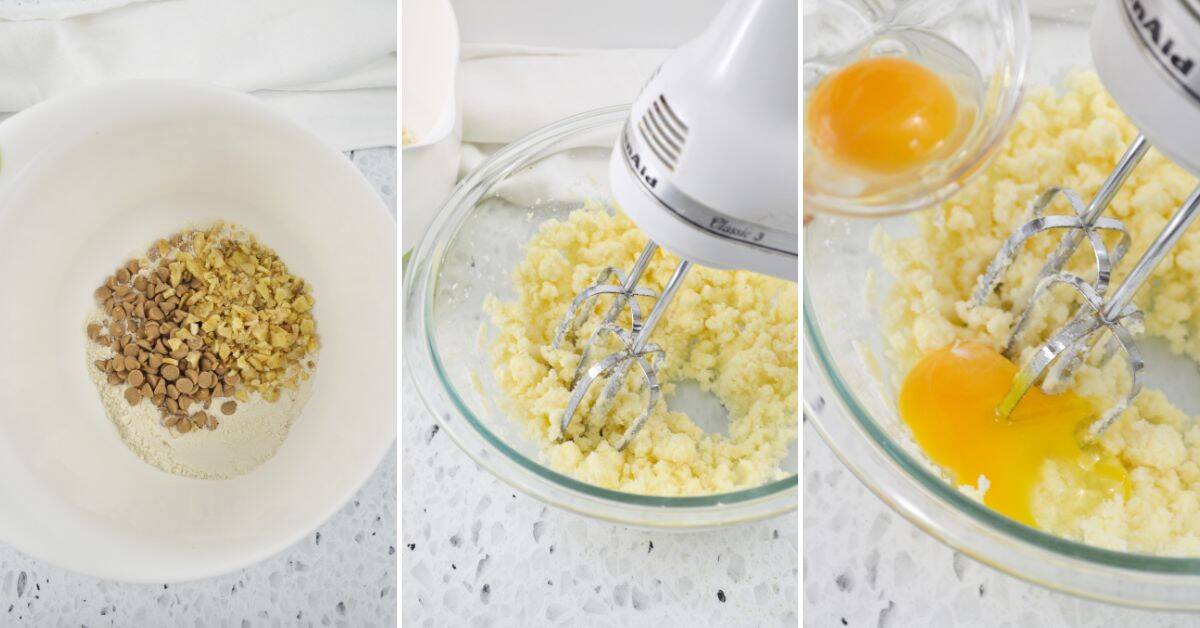 Three panels show mixing of Peanut Butter Banana Bars dough: first with flour, walnuts, and chips; second with creamed butter and sugar; third as egg is added while using an electric hand mixer.