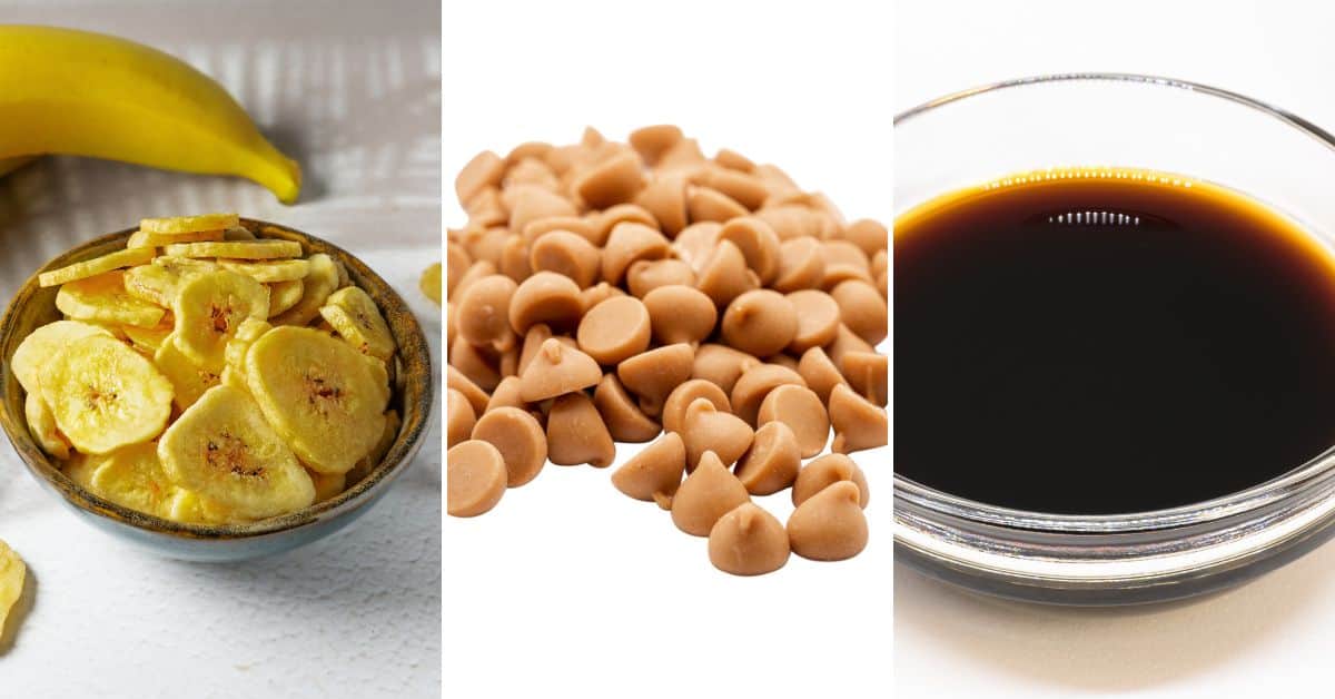 A bowl of banana chips, a pile of butterscotch chips, and a glass bowl of dark liquid—likely vanilla extract—are shown side by side, perfect for making Peanut Butter Banana Bars.