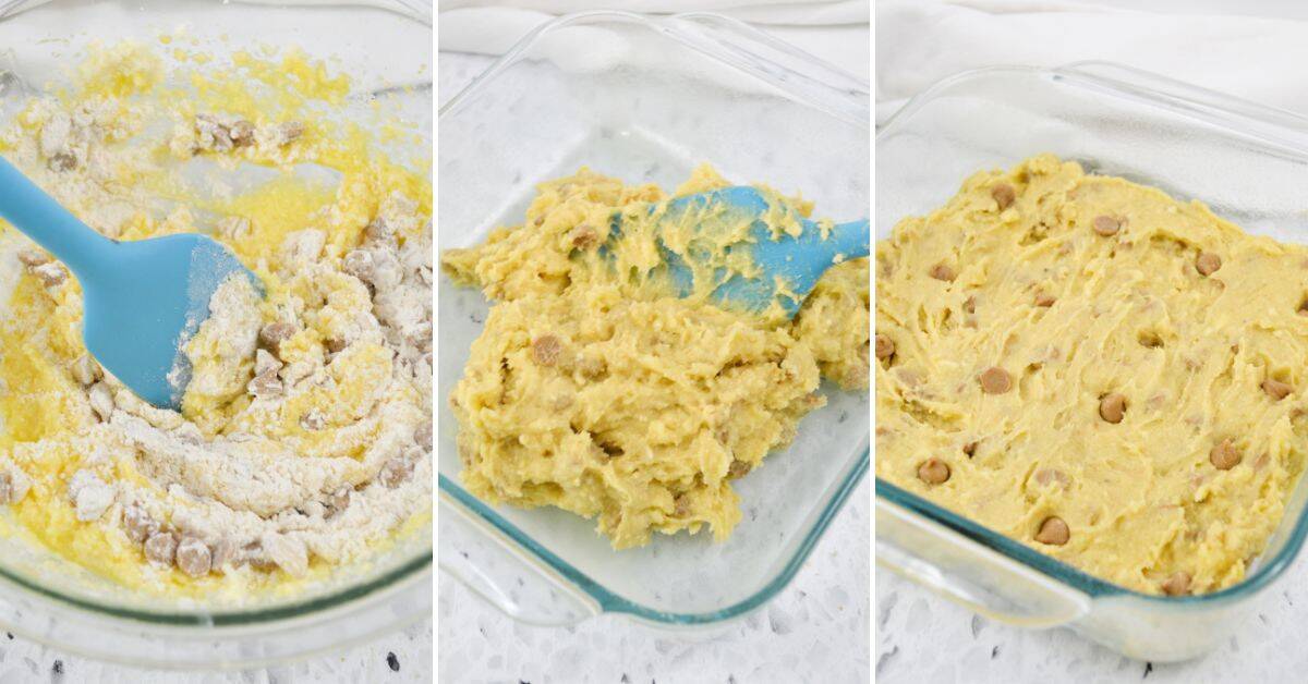 Three-step collage shows dough being mixed, transferred to a baking pan, and spread evenly with chocolate chips visible.