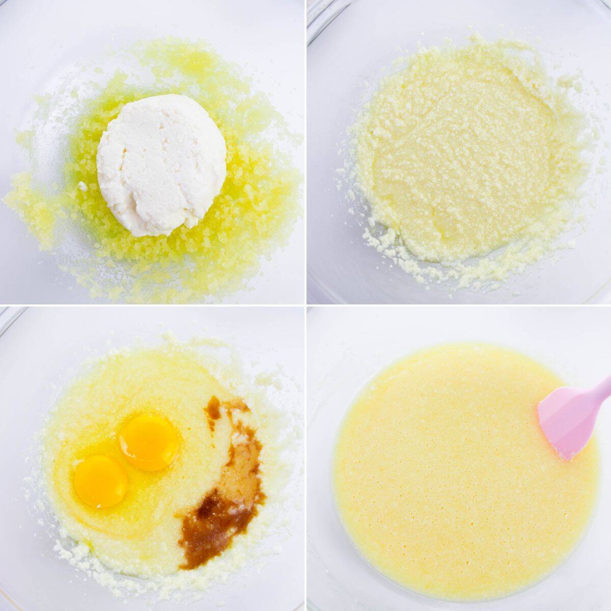 Four-step collage showing a mixing bowl with creamed butter and sugar, blended with ricotta, then eggs and vanilla added, and the final smooth Raspberry White Chocolate Muffins batter mixed with a pink spatula.