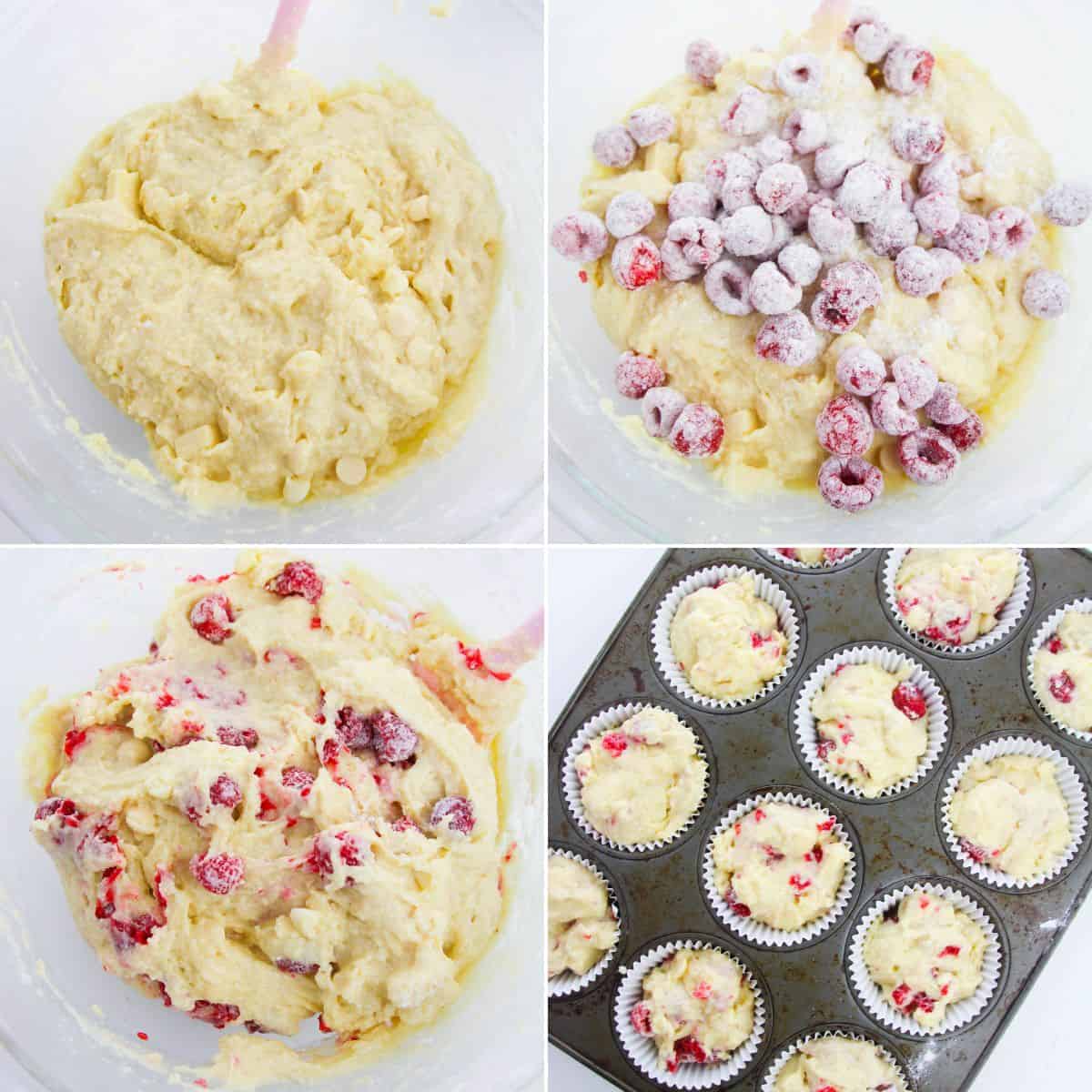Four images show the process of  mixing batter, adding floured raspberries, stirring them in, and filling muffin tins with the delicious mixture.