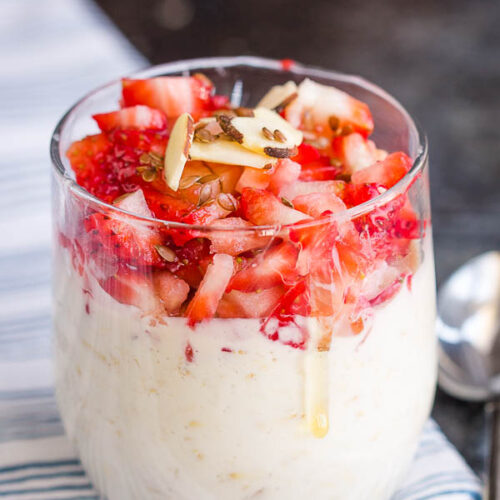 Overnight oats with strawberries placed on the top