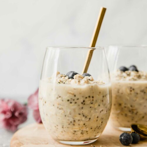 Vanilla cream protein overnight oats with blueberries and chai seeds