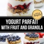 Two glass cups filled with layered Yogurt Parfait—creamy yogurt, granola, strawberries, and blueberries—are displayed on a white surface, with a bowl of strawberries in the background.