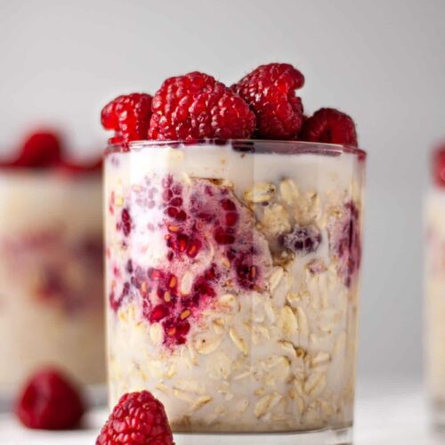 Straight shot of raspberries mixed with oats