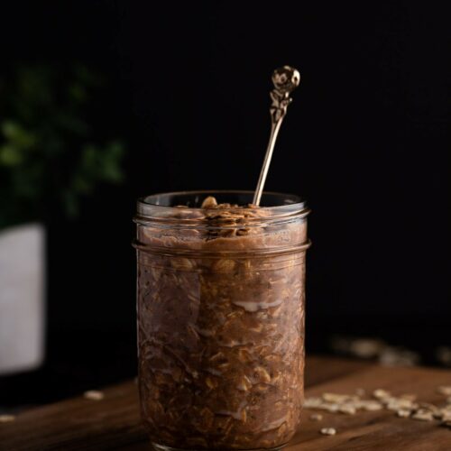 Chocolate protein oats in a jar