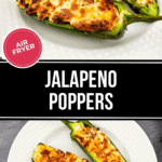 Savor the irresistible taste of air fryer jalapeño poppers, perfectly plated and bursting with melted cheese and a crispy topping.