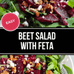 Close-up of a beet salad with feta, featuring sliced beets, crumbled cheese, and chopped pecans on a bed of fresh greens.