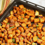 A pan of the roasted sweet potatoes.