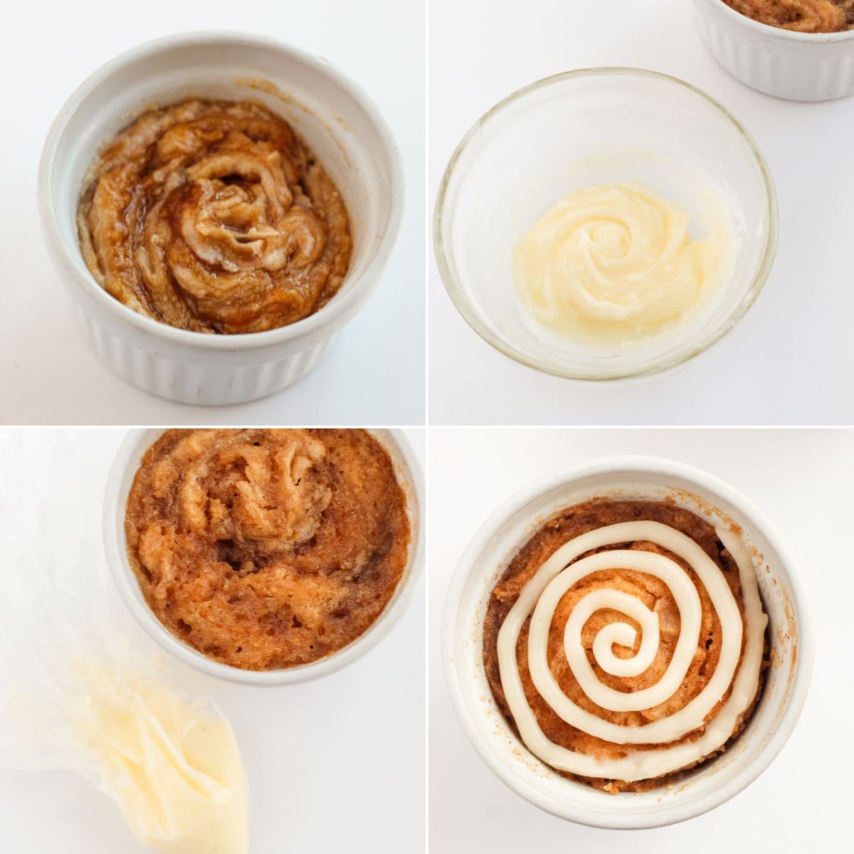 Four-step process of making a Cinnamon Mug Cake: batter in a ramekin, icing in a bowl, baked mug cake, and finished cake topped with swirled icing.