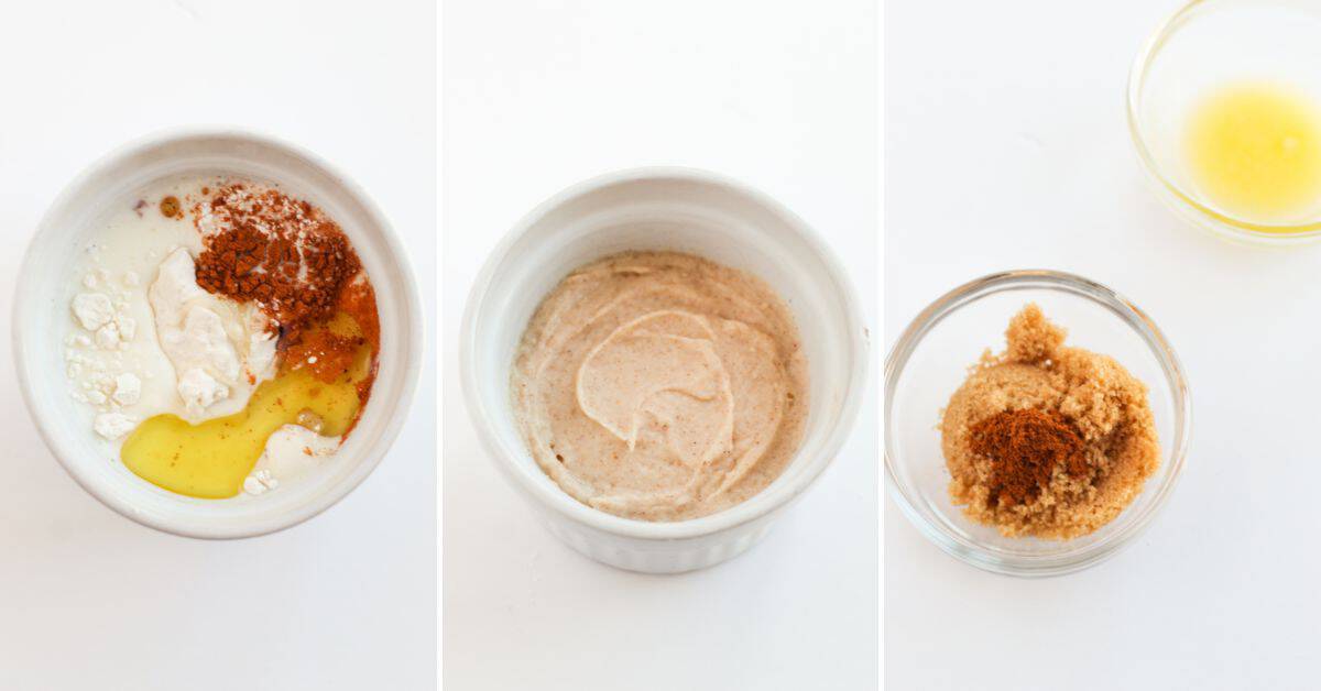 Three images: a ramekin with baking ingredients, the same ramekin with mixed Cinnamon Mug Cake batter, and two small bowls with melted butter and a mix of brown sugar and cinnamon.