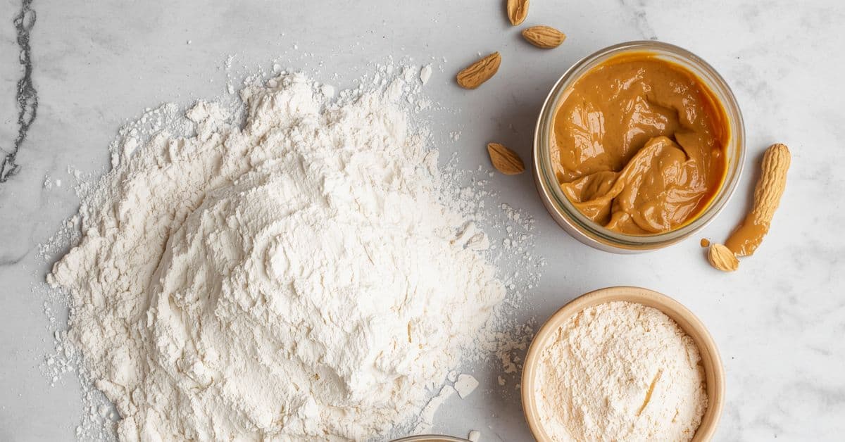 A pile of flour, a bowl of peanut butter.