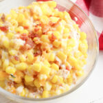 A top shot of Cream Cheese Corn Casserole with Bacon.
