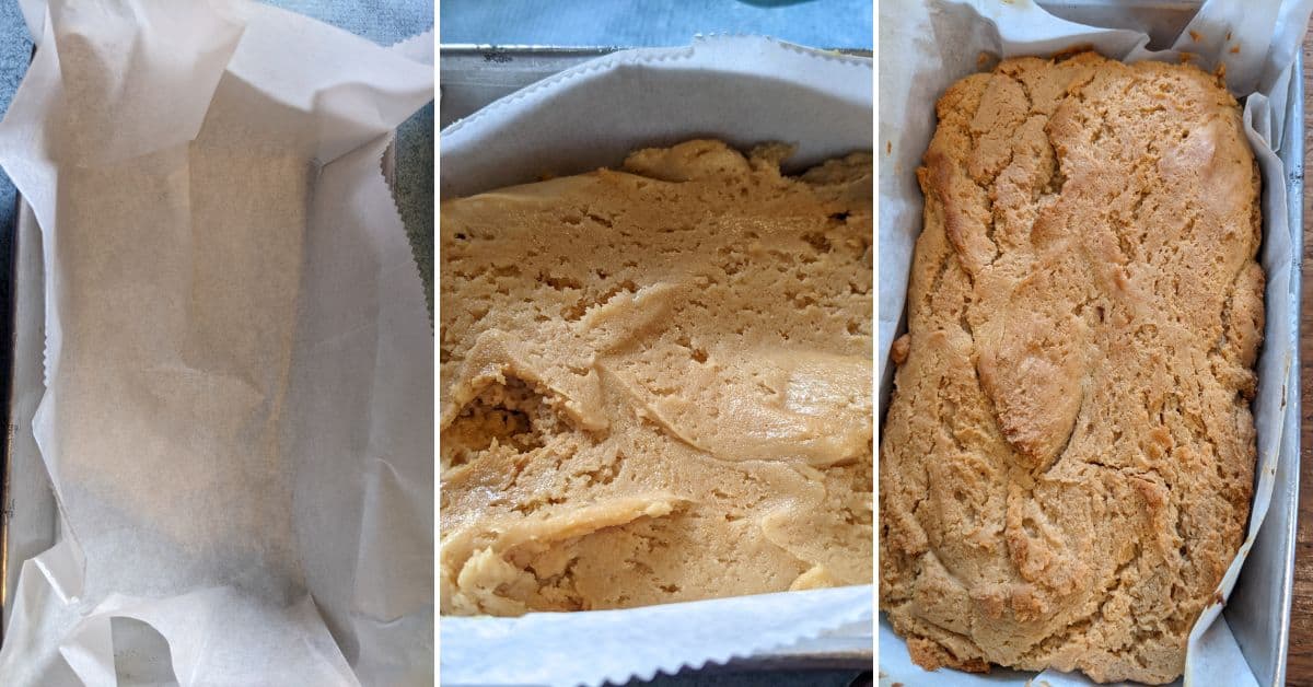 Three-panel image showing a loaf pan lined with parchment paper, then filled with peanut butter bread batter, and finally displaying a baked golden-brown loaf.