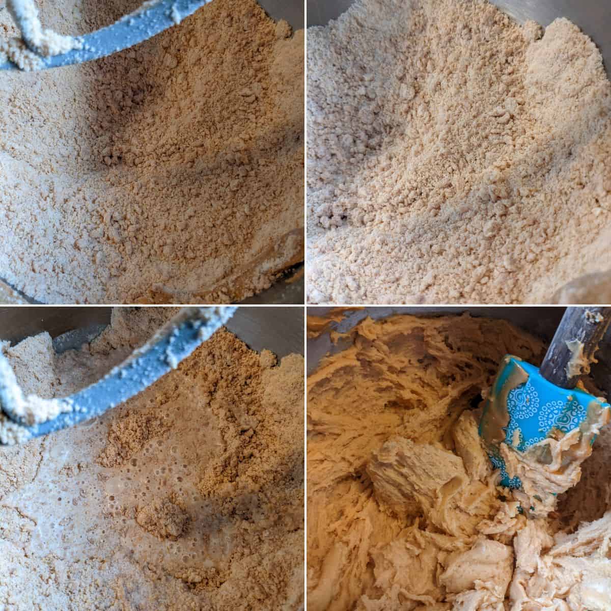 A four-panel collage shows different stages of mixing Peanut Butter Bread dough in a bowl, progressing from dry ingredients to a smooth, creamy mixture with a spatula.
