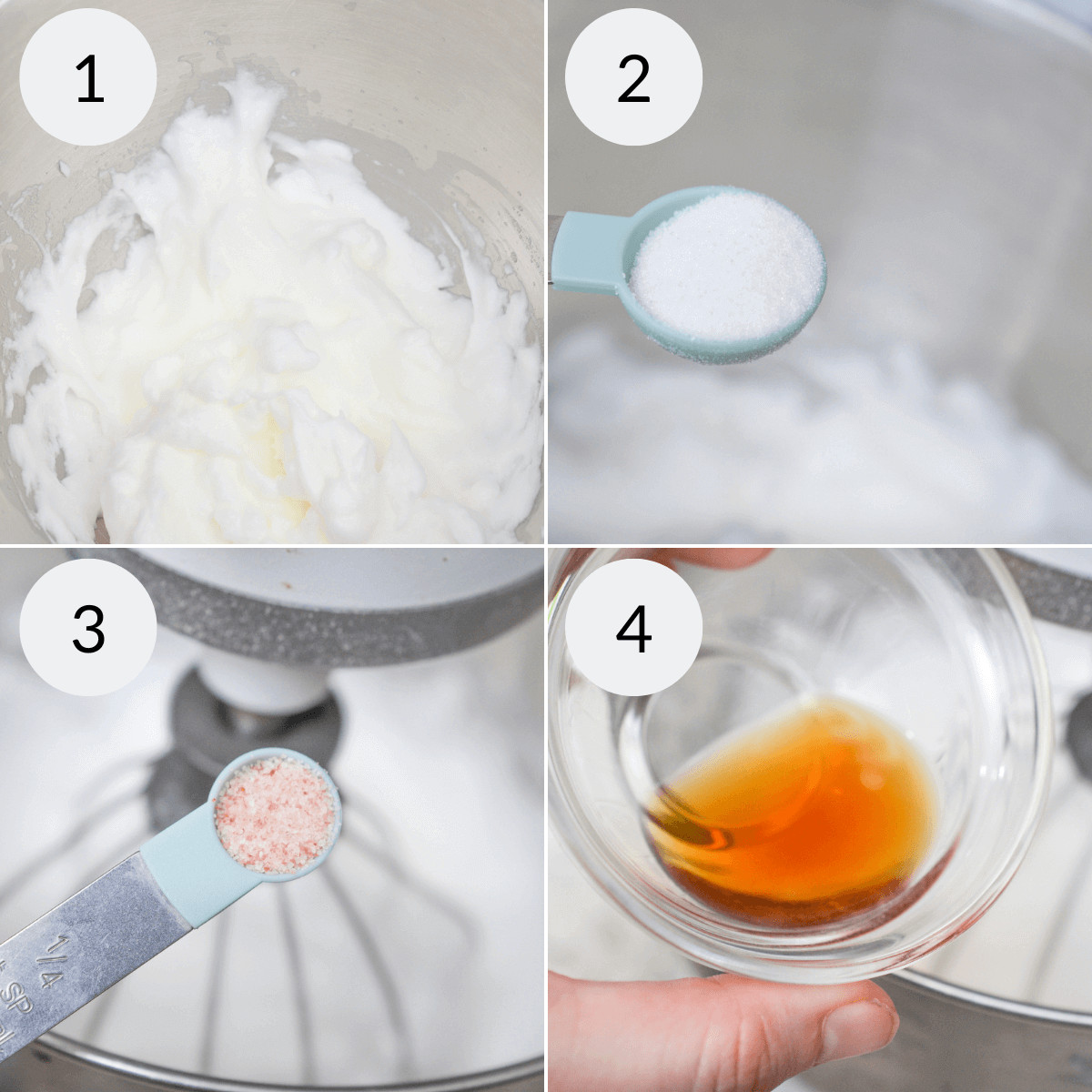 A clear glass dish of the eggs and ingredients to whip the cookies.