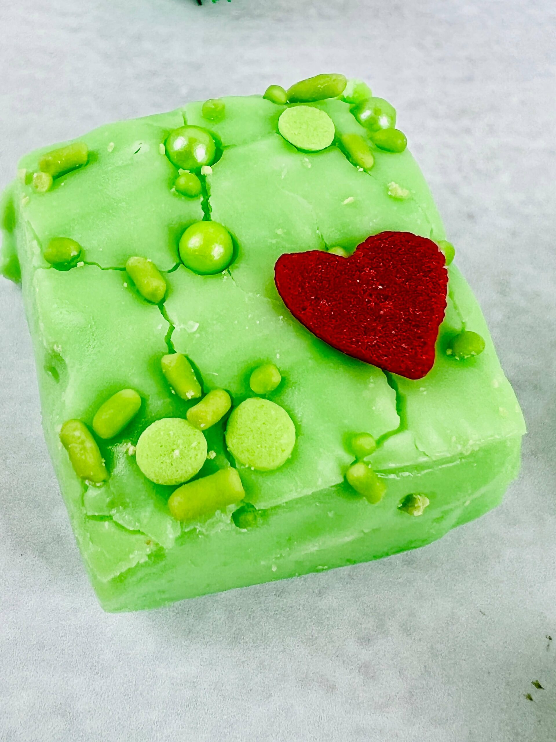 Grinch Fudge with a heart on it.