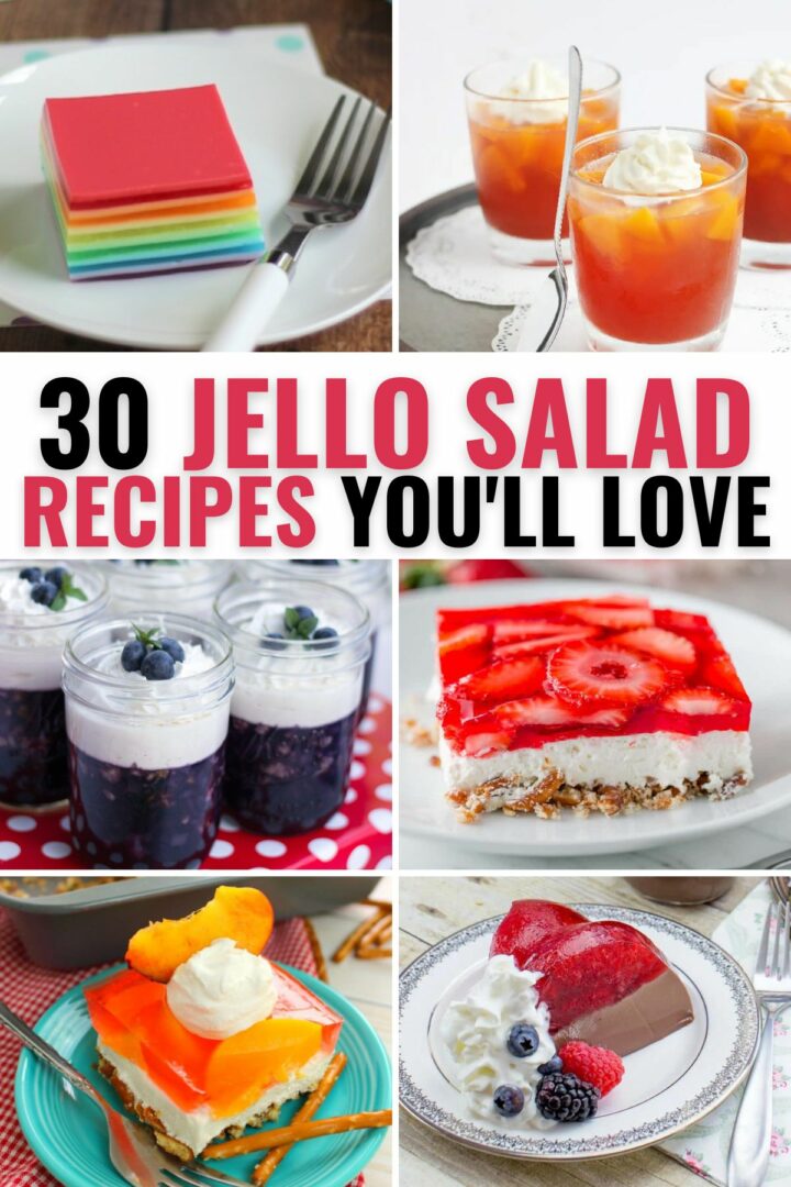 A collection of different kinds of jello salads.