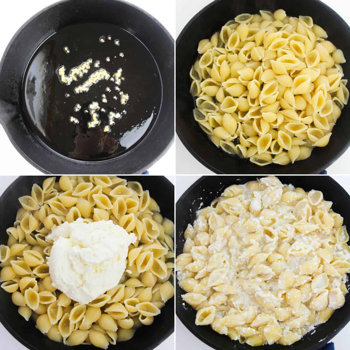 Four-panel image showing the process sautéing garlic in oil, adding cooked shell pasta, mixing in ricotta cheese, a squeeze of lemon, and stirring to combine ingredients.