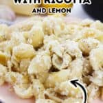 A plate of shell pasta topped with ricotta cheese and grated lemon, labeled "Pasta with Ricotta and Lemon," offers a creamy, zesty twist on classic flavors.