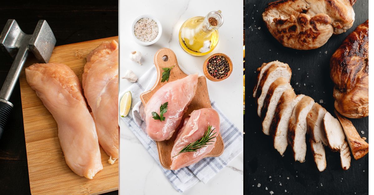 A collage of different types of chicken, including baked chicken cutlets, on a cutting board.