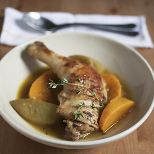 Tender Chicken Fricassee with Apples and Squash